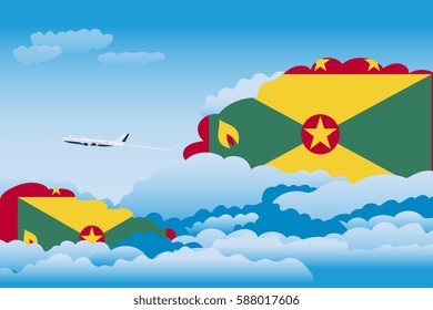 Illustration of Clouds, Clouds with Grenada Flags, Aeroplane Flying