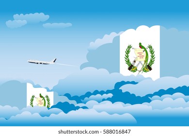 Illustration of Clouds, Clouds with Guatemala Flags, Aeroplane Flying