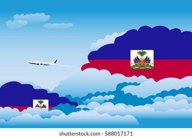 Illustration of Clouds, Clouds with Haiti Flags, Aeroplane Flying
