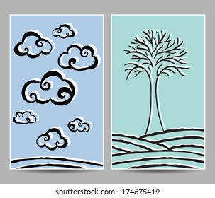 Illustration of clouds and  lonely tree cards - hand-drawn style