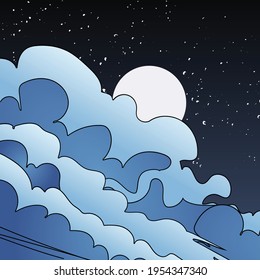 Illustration of clouds and moon on night sky with stars in background. colour and graphic concept digitally generated image.