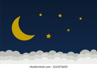 Illustration of clouds and night with moon and stars.