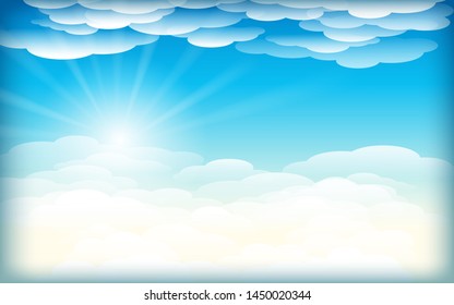Illustration of clouds in sky. Card or background with heaven and sunny day.Background with clouds on blue sky.Sky background with clouds, shining sun, sun rays. Sunny background. Summer design Eps10