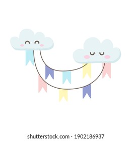 Illustration of clouds with smiley faces and ribbons. 