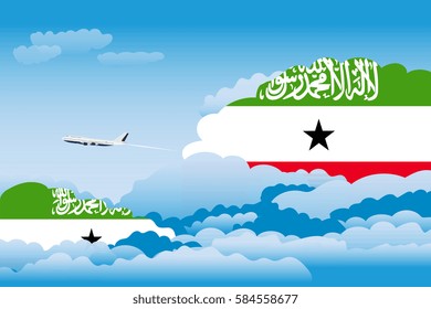 Illustration of Clouds, Clouds with Somaliland Flags, Aeroplane Flying