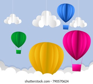 illustration of clouds, suns and hot air balloon origami flying on the sky bringing on the sky.paper art style.