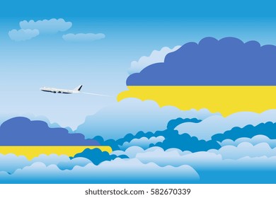 Illustration of Clouds, Clouds with Ukraine Flags, Aeroplane Flying