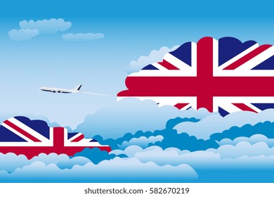 Illustration of Clouds, Clouds with United Kingdom Flags, Aeroplane Flying