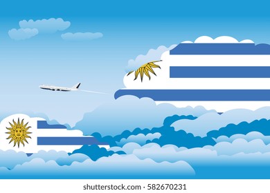 Illustration of Clouds, Clouds with Uruguay Flags, Aeroplane Flying