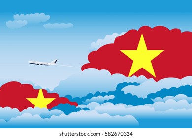 Illustration of Clouds, Clouds with Vietnam Flags, Aeroplane Flying