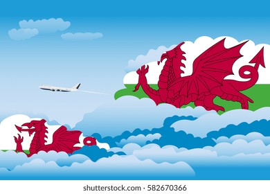 Illustration of Clouds, Clouds with Wales Flags, Aeroplane Flying