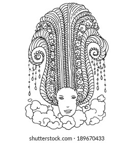 Illustration with clouds and woman`s face in art deco retro style. Screensaver for design of cover and card