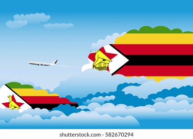 Illustration of Clouds, Clouds with Zimbabwe Flags, Aeroplane Flying