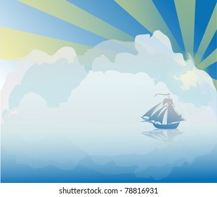 illustration with cloudscape and ship reflection