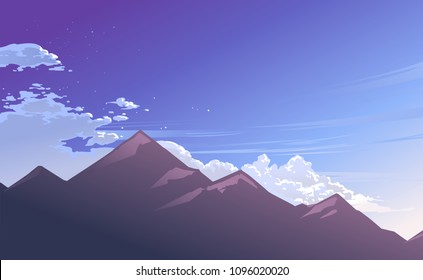 Illustration of cloudy blue sky and mountain with morning ray. Vector illustration.    