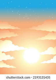 Illustration of Cloudy Orange Sky with Bright Sun Light and Stars