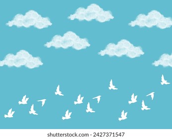 illustration of cloudy sky with birds flying