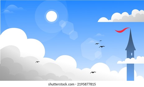 illustration of cloudy sky with red flag on high tower, clouds and sky, landscape of cloudy sky, cloudy sky background