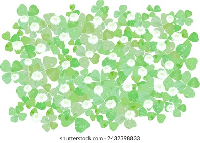 Illustration of clover all over the ground and clover white flowers seen from above.