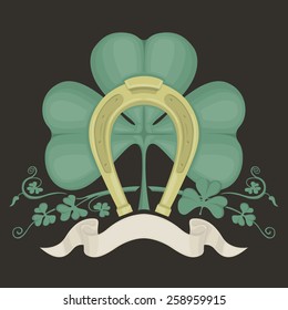 Illustration of clover and gold horseshoe for St. Patrik's day.