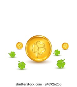 Illustration clovers and coins with shadows on white background for St. Patrick's Day - vector