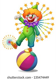 Illustration of a clown above the inflatable ball on a white background