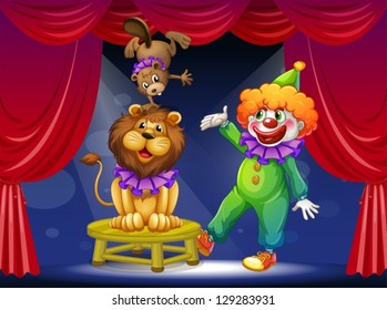 Illustration of a clown with animals at the stage