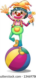 Illustration of a clown balancing above a ball on a white background