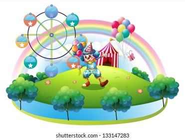 Illustration of a clown with balloons at the carnival in the island on a white background