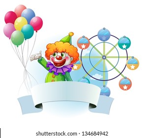 Illustration of a clown with balloons, an empty banner and a ferris wheel at the back on a white background