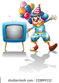 Illustration of a clown with balloons near the T.V. on a white background