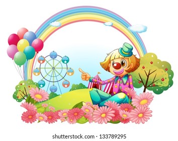 Illustration of a clown in the carnival with a garden on a white background