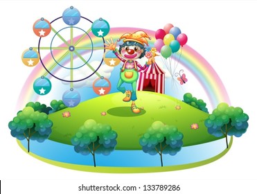 Illustration of a clown with a flower in an island with a carnival on a white background