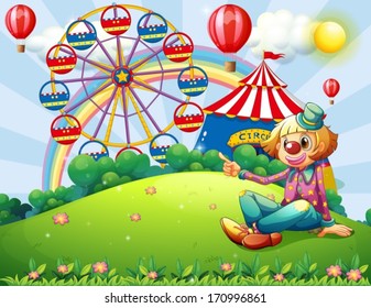 Illustration of a clown at the hilltop with a carnival