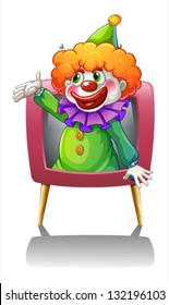 Illustration of a clown inside a pink TV on a white background