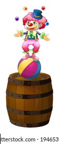 Illustration of a clown juggling above the barrel on a white background