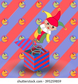 Illustration of a clown on a spring that comes out of a striped box. Cheerful background with funny faces. Greeting card with a clown on April Fool's Day