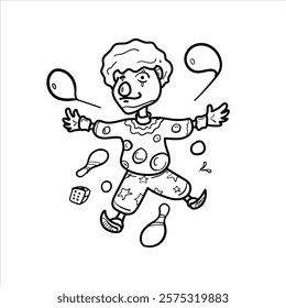 Illustration of a clown performing an attraction, black and white cartoon style, vector format, good for children's coloring teaching materials, clothing, and visual elements and others