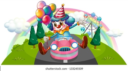 Illustration of a clown riding in a pink car with balloons on a white background