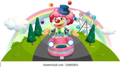 Illustration of a clown riding in a pink car while juggling on a white background
