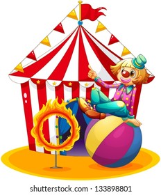 Illustration of a clown sitting  above a ball beside a ring of fire in front of a circus tent on a white background