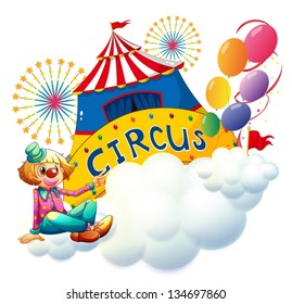 Illustration of a clown sitting with a circus signboard on a white background