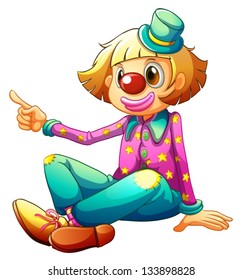 Illustration of a clown sitting while pointing on a white background