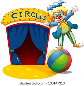 Illustration of a clown at the top of the ball beside a circus house on a white background