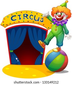 Illustration of a clown at the top of a ball presenting the circus house on a white background