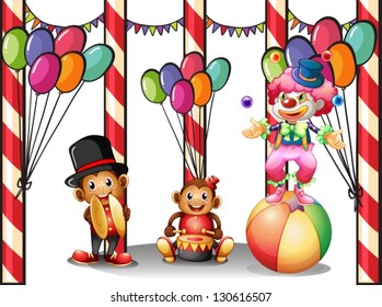 Illustration of a clown and the two monkeys on a white background