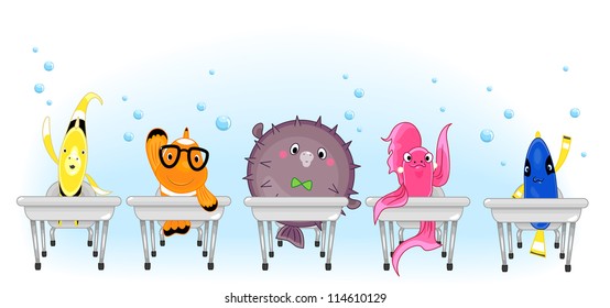 Illustration of a Clownfish, Pufferfish, Betta, Blue Tang, and a Yellow Butterfly fish in School