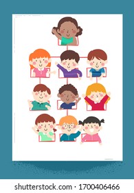 Illustration of Club Officer Kids Waving and Arranged in an Organizational Chart in School