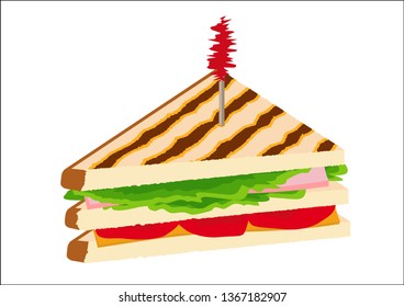 Illustration of a club sandwich consisting of salad, ham, tomato and cheese.