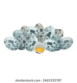 Illustration of a cluster of spotted quail eggs with one egg cracked open, revealing the yolk